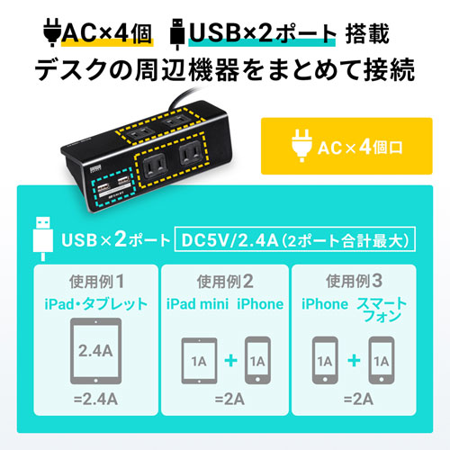 TAP-B105U-3BK / USB充電ポート付き便利タップ（クランプ固定式）ブラック