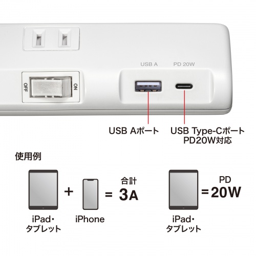 TAP-B108UC-3W / 節電タップ（2P・6個口・3m・ホワイト）