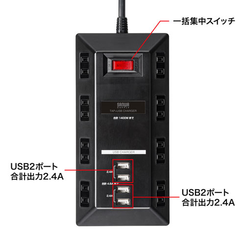 TAP-B109U-3BK / USB充電ポート付きタップ（USB充電ポート付き・平型・ブラック）