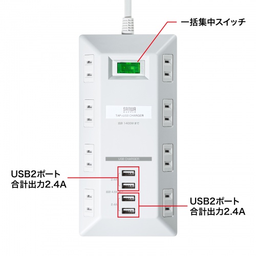 TAP-B109U-3WN / USB充電ポート付きタップ 平型 ホワイト