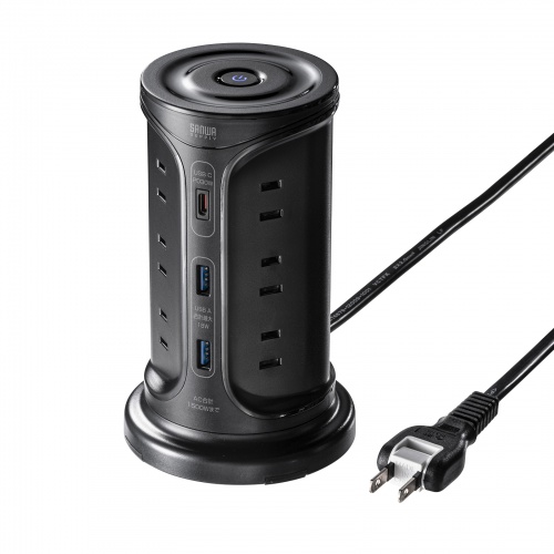 TAP-B112C1A2BK / USB充電機能付きタワー型タップ　ブラック