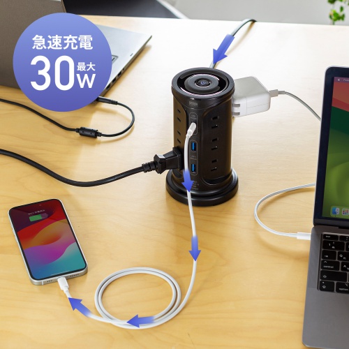 TAP-B112C1A2BK / USB充電機能付きタワー型タップ　ブラック