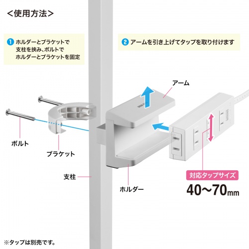 TAP-CLAMP2W / 電源タップホルダー（支柱取り付けタイプ・ホワイト）