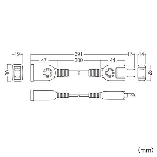 TAP-EX21003BK / 電源延長コード（2P・ブラック・0.3m）