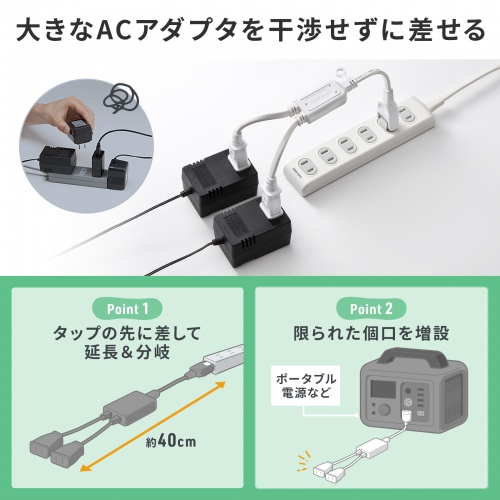 TAP-EX2WN / ACアダプタ専用電源延長コード（2分岐・2P・2個口・ホワイト）
