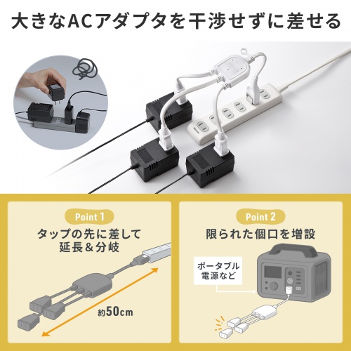 TAP-EX3WN / ACアダプタ専用電源延長コード（3分岐・2P・3個口・ホワイト）