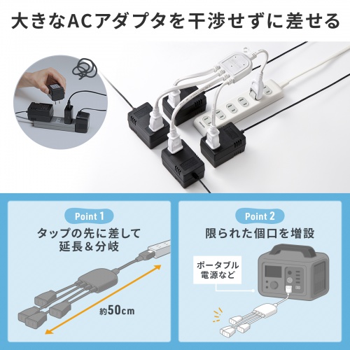 TAP-EX4WN / ACアダプタ専用電源延長コード（4分岐・2P・4個口・ホワイト）　