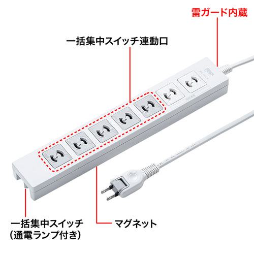 TAP-F27-2KP / 電源タップ（2極抜け止めタイプ・7個口・コード長2m）