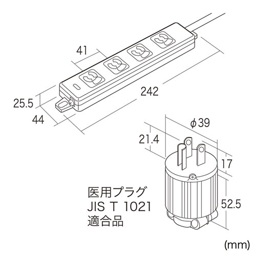 TAP-HPM4-3G / 医用接地プラグ付き電源タップ（3P・4個口・グリーン・3m）