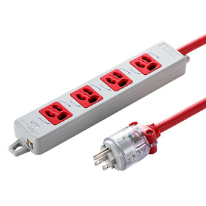 TAP-HPM4-3R / 医用接地プラグ付き電源タップ(3P・4個口・レッド・3m)