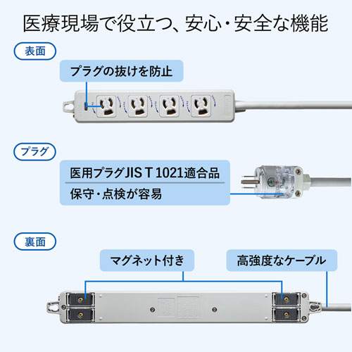 TAP-HPM4-5W / 医用接地プラグ付き電源タップ（3P・4個口・グレー・5m）