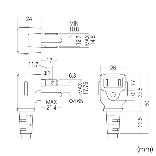 TAP-K2L-1 / 工事物件タップ（3P・2個口・1m）