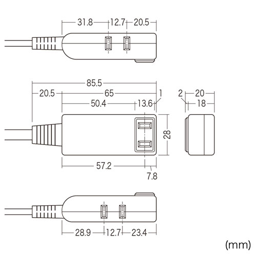 TAP-M702W / マイクロ電源タップ（収納式スイングプラグ・3個口・0.2m・ホワイト）