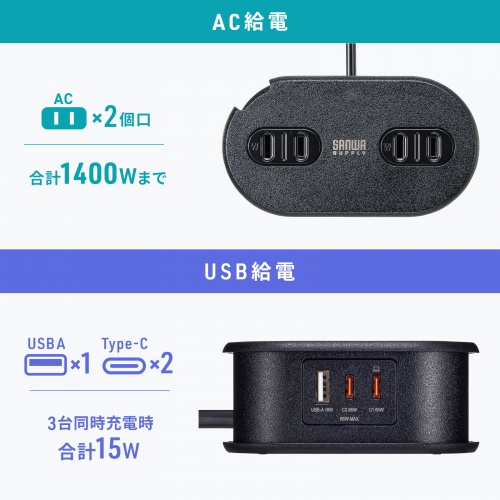 TAP-MC2A1AC2BK / 巻き取りコード式モバイルタップ(AC2個口・C×2・A×1・PD65W)
