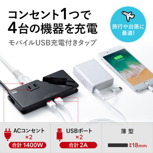 TAP-MU1BK / モバイルUSB充電付タップ