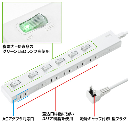 TAP-S25-5 / 節電エコタップ（2P・6個口・5m・ホワイト）