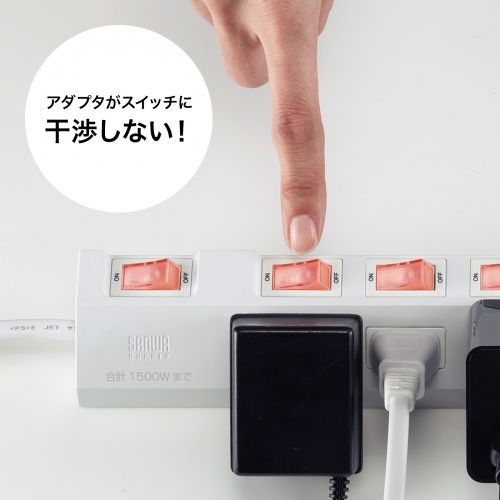 TAP-S30-2W【節電タップ(2P・6個口・2m・ホワイト)】差込口が TAP-S30-2W【節電タップ(2P・6個口・2m・ホワイト)】差込口が
