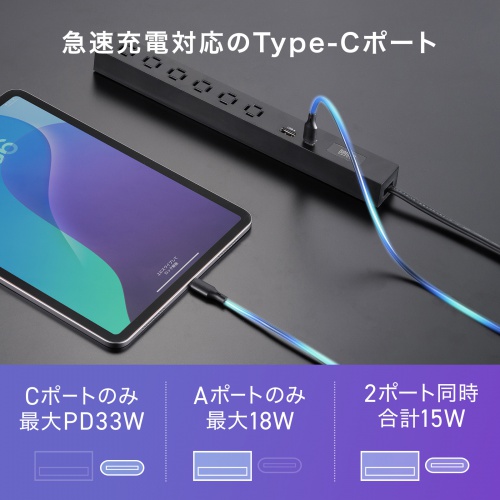 TAP-SLIM6UC-15BK / スリムタップ（AC6個口・A1＋C1・PD33W・1.5m・ブラック）