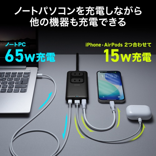 TAP-SLIM7U-15BK / スリムタップ（AC2個口・USB-C×2＋USB-A×1・PD100W）