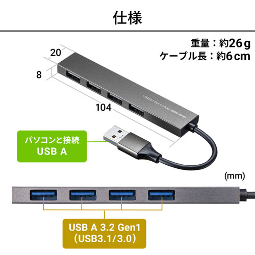 USB-3H423S / USB3.2 Gen1 4ポート スリムハブ