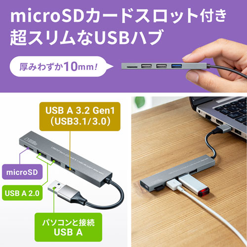 USB-3HC319S / USB 3.2 Gen1+USB2.0 コンボ　スリムハブ(カードリーダー付き）