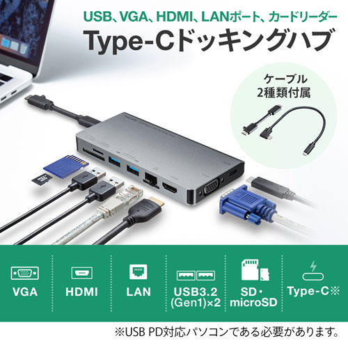 USB-3TCH13S2 / USB Type-C ドッキングハブ（VGA・HDMI・LANポート・カードリーダー搭載）