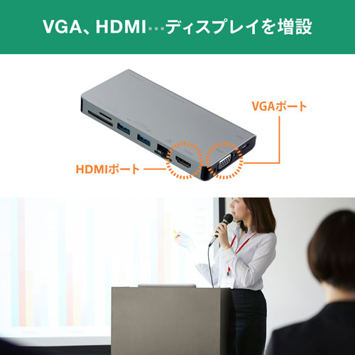 USB-3TCH13S2 / USB Type-C ドッキングハブ（VGA・HDMI・LANポート・カードリーダー搭載）