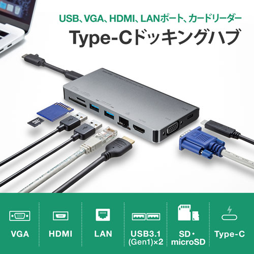 USB-3TCH13S / USB Type-C　ドッキングハブ（VGA・HDMI・LANポート・SDカードリーダー付き）