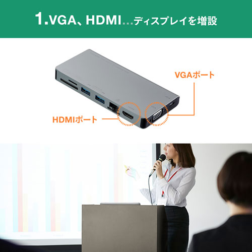 USB-3TCH13S / USB Type-C　ドッキングハブ（VGA・HDMI・LANポート・SDカードリーダー付き）