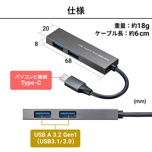 USB-3TCH24S / USB Type-C 2ポートスリムハブ