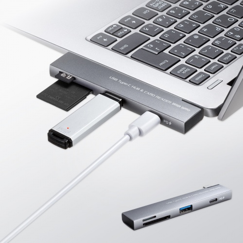 USB-5TCPC30GM / USB 5Gbps 2ポート スリムハブ（カードリーダー付き）