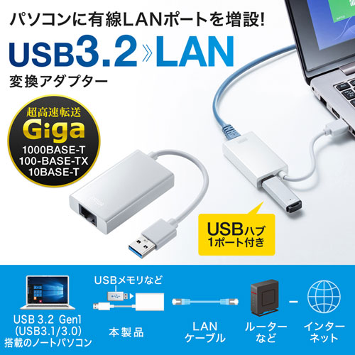 USB-CVLAN3WN / 有線LANアダプタ（USB A Gen1-LAN変換・USBハブ付き・Gigabit対応・ホワイト）