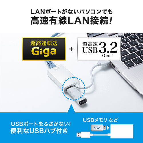 USB-CVLAN3W / 有線LANアダプタ（USB3.2 LAN変換・USBハブポート付・ホワイト）
