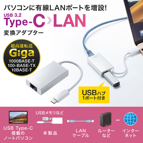 USB-CVLAN4WN / 有線LANアダプタ（USB Type-C-LAN変換・USBハブ付き・Gigabit対応・ホワイト）