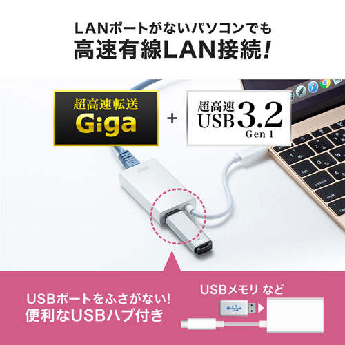 USB-CVLAN4WN / 有線LANアダプタ（USB Type-C-LAN変換・USBハブ付き・Gigabit対応・ホワイト）