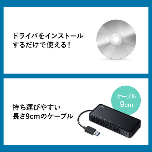 USB-CVU3HD3 / USB3.1-HDMIディスプレイアダプタ(4K対応・ 2出力・LAN-ポート付き)