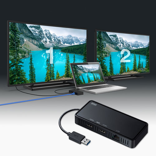 USB-CVU3HD3 / USB3.1-HDMIディスプレイアダプタ(4K対応・ 2出力・LAN-ポート付き)
