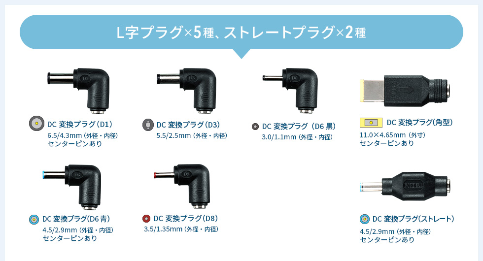 L字プラグ×5種、ストレートプラグ×2種 DC変換プラグ（D1） DC変換プラグ（D3）DC変換プラグ（D6黒） DC変換プラグ（D6 青） DC変換プラグ（D8） DC変換プラグ（角型） DC変換プラグ（ストレート）