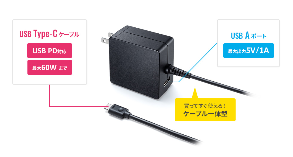 ACA-PD65BK【USB Power Delivery対応AC充電器（PD60W・TypeCケーブル一