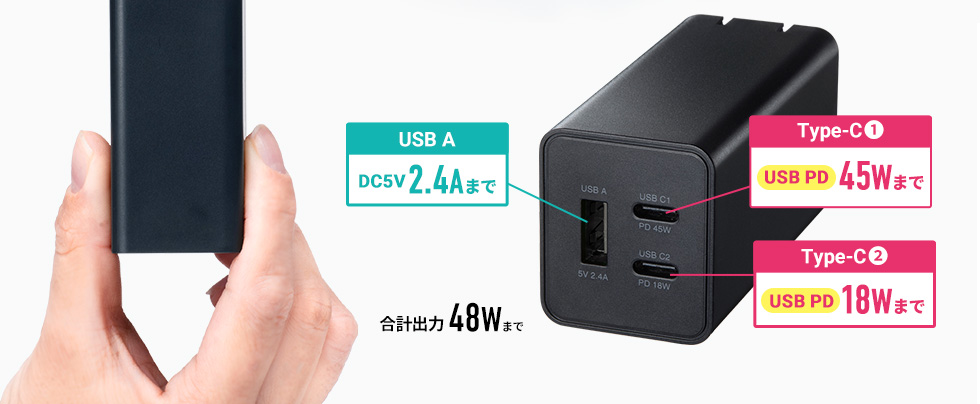 [USB A DC5V2.4Aまで] [Type-C① USB PD18Wまで] [Type-c ② USB PD18Wまで]