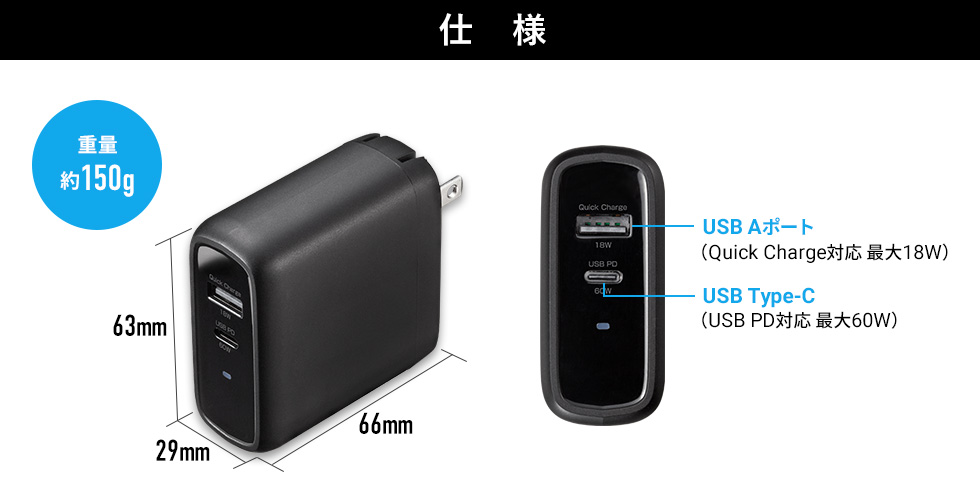 仕様 重量約150g USB Aポート（Quick Charge対応 最大18W） USB Type-C（USB PD対応 最大60W）