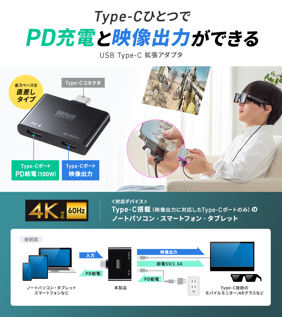 USB Type-Cポートからの映像出力をPD充電しながらのUSB Type-C映像出力に拡張できる。USB Type-C－PD＋USB Type-C変換アダプタ。