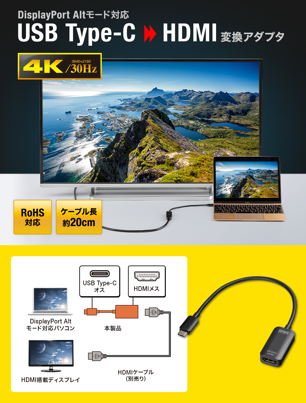 DisplayPort Altモード対応USB Type-C HDMI変換アダプタ