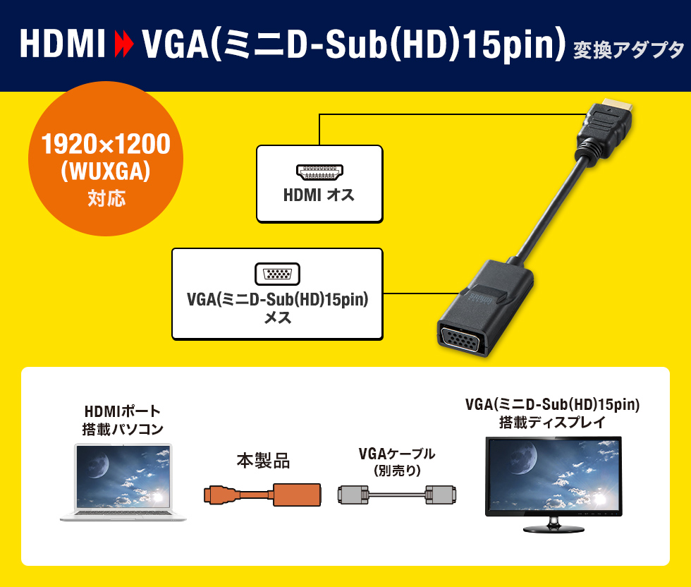 AD-HD19VGA【HDMI-VGA変換アダプタ 出力をVGAに信号変換するアダプタ。ショートケーブルタイプ。｜サンワサプライ株式会社