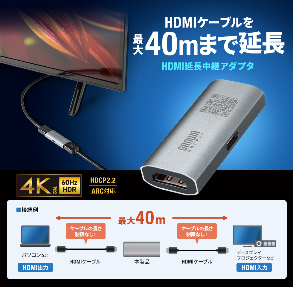 HDMIケーブルを最大40mまで中継・延長できるコンパクトサイズのHDMI延長アダプタ。