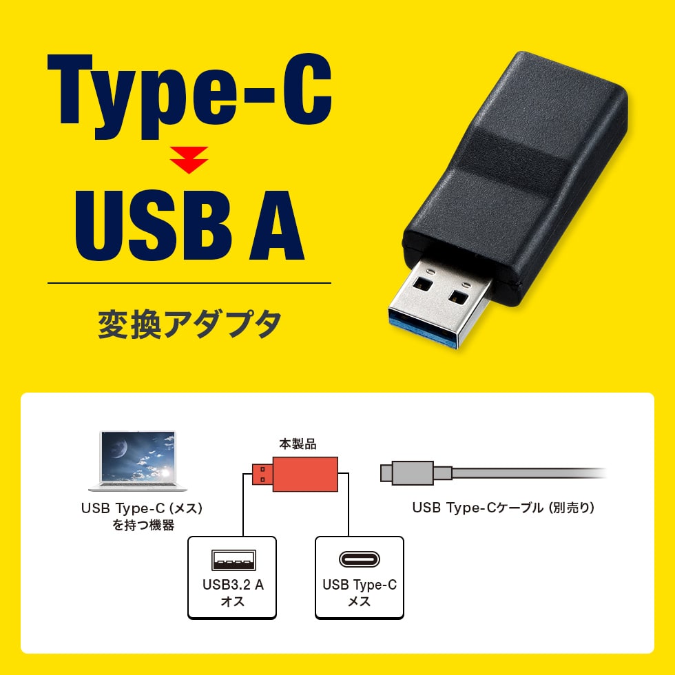 USB Type-Cコネクタ オスをUSB Aコネクタ オスに変換するアダプタ。USB 10Gbps対応。