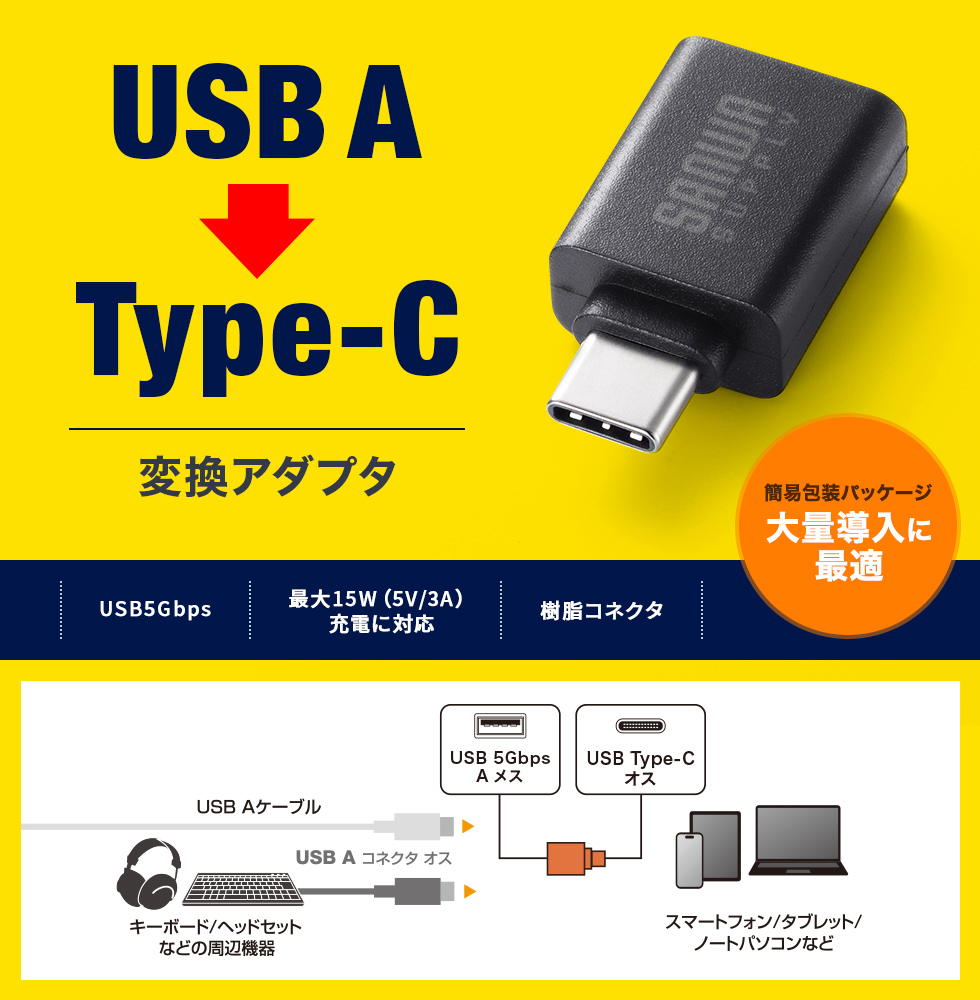 USB AコネクタをType-Cコネクタに変換できるアダプタ。環境にやさしい袋パッケージ。樹脂コネクタ。