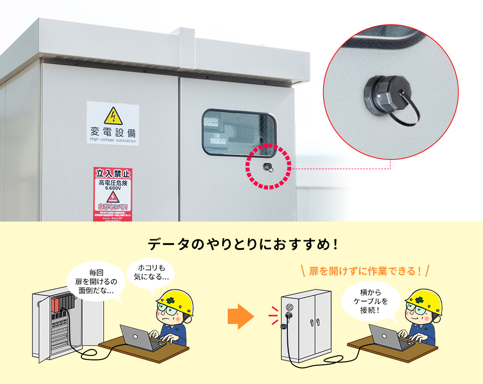 制御盤などの扉を開けずにケーブル接続できる