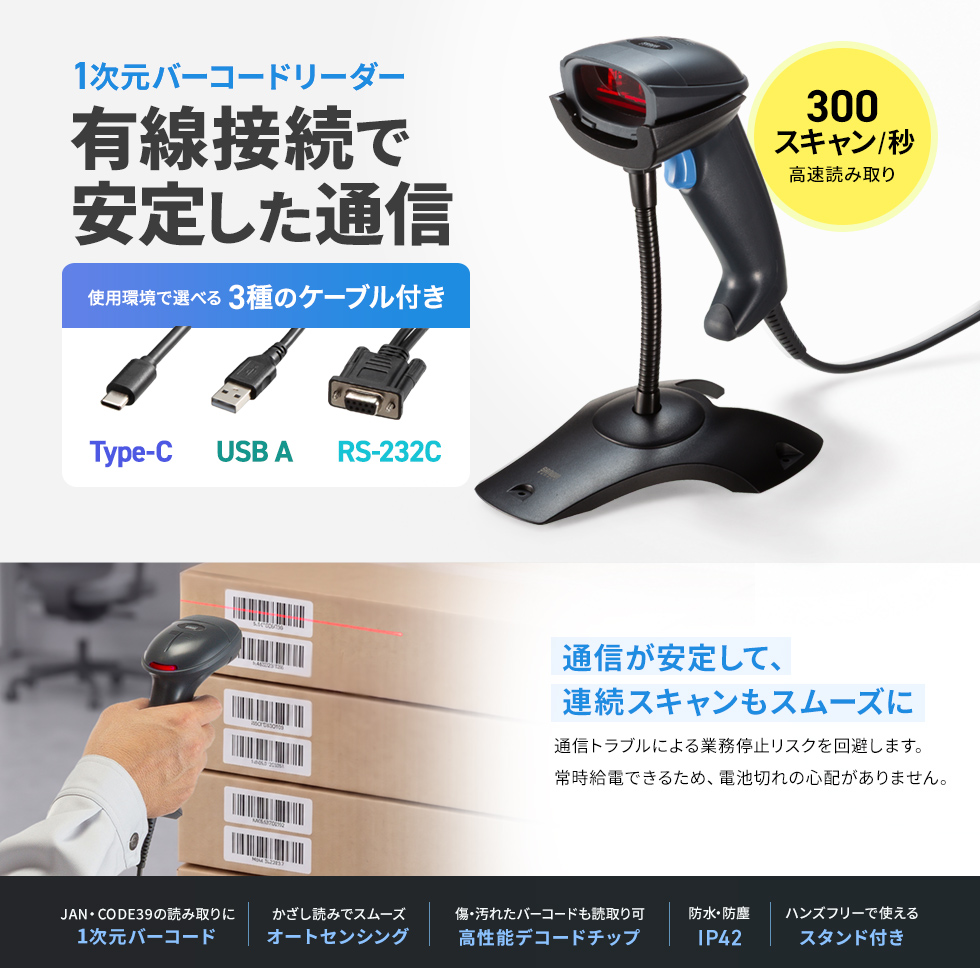 300秒/スキャンの高い読み取り性能で早い読み取りが可能なレーザーバーコードリーダー。