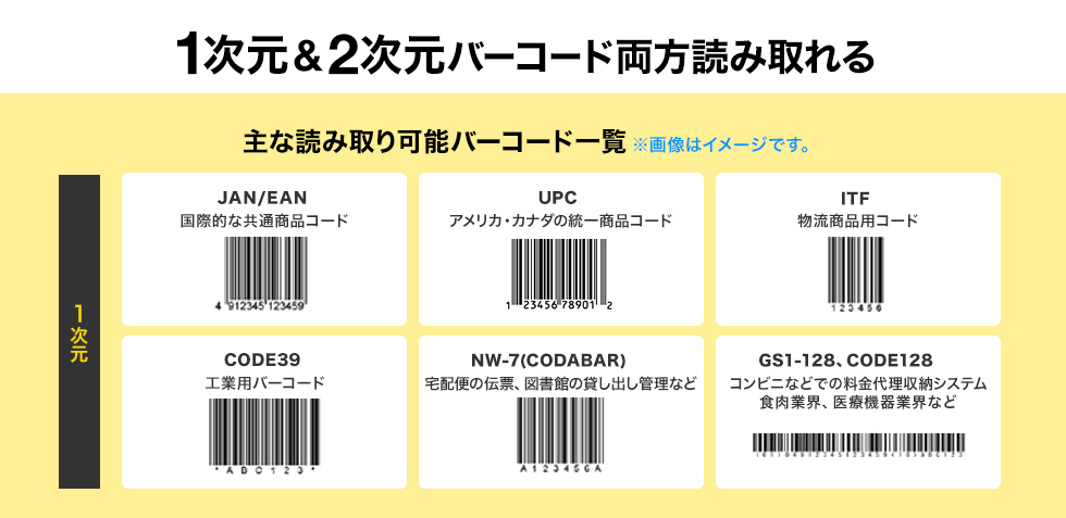 この一台で1次元＆2次元バーコードどちらも読み取れる 主な読み取り可能バーコード一覧 一次元バーコード